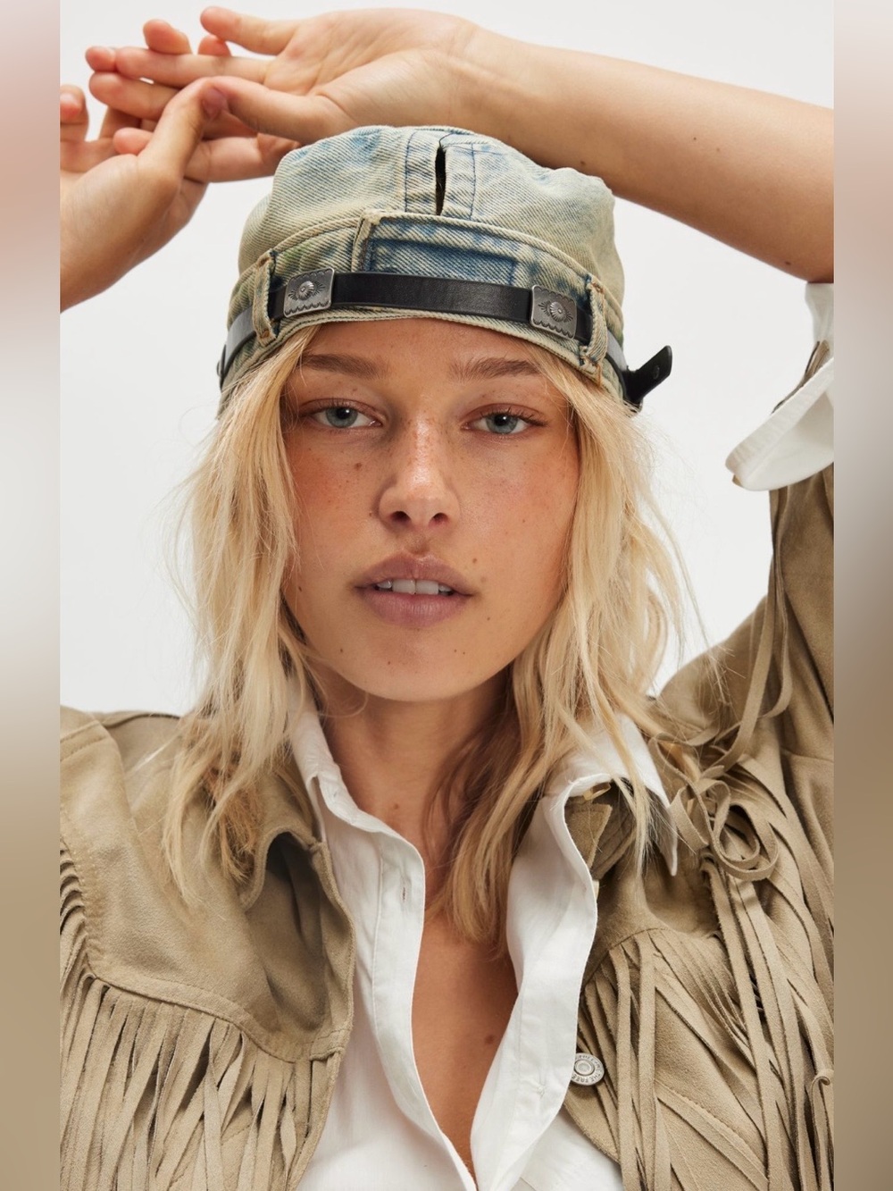 NWT Free People Washed Denim Cadet Hat Cotton Light Wash Blue w/updo Cutout - Picture 2 of 8
